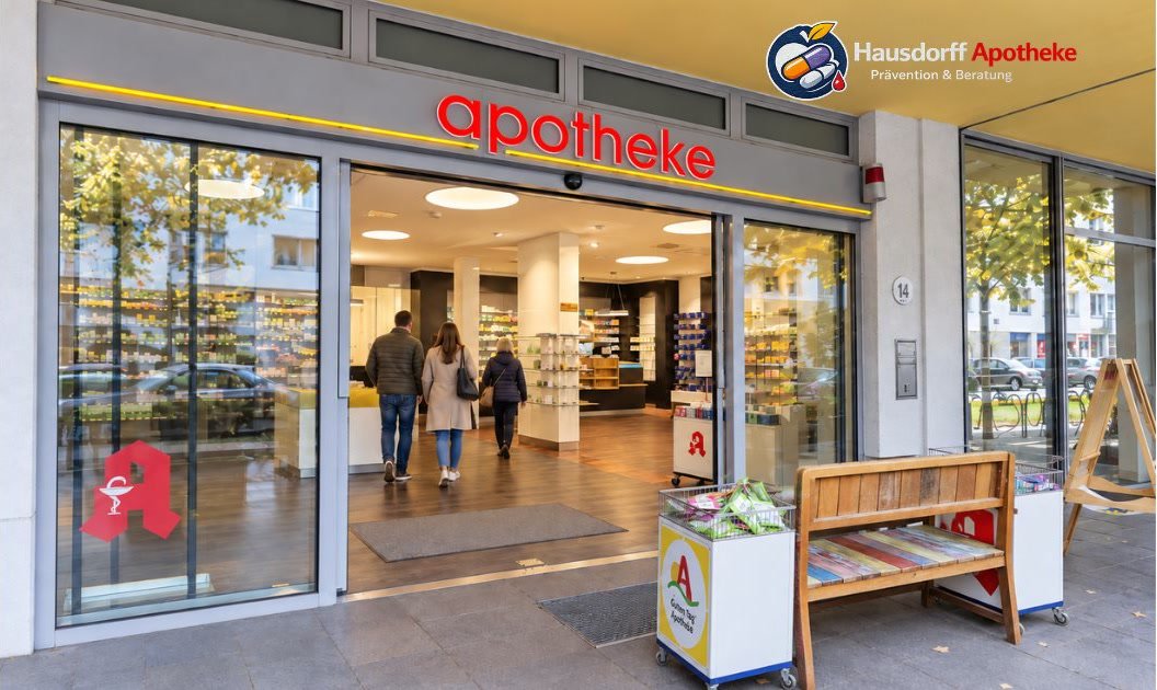 Die Hausdorff Apotheke in Bonn-Kessenich – heller Verkaufsraum mit offener Eingangstür und rotem Apotheken-Schriftzug
