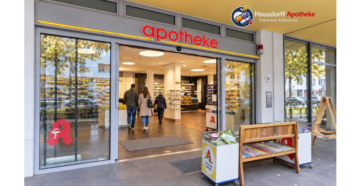 Die fertiggestellte Hausdorff Apotheke in Bonn-Kessenich – heller Verkaufsraum mit offener Eingangstür und rotem Apotheken-Schriftzug.