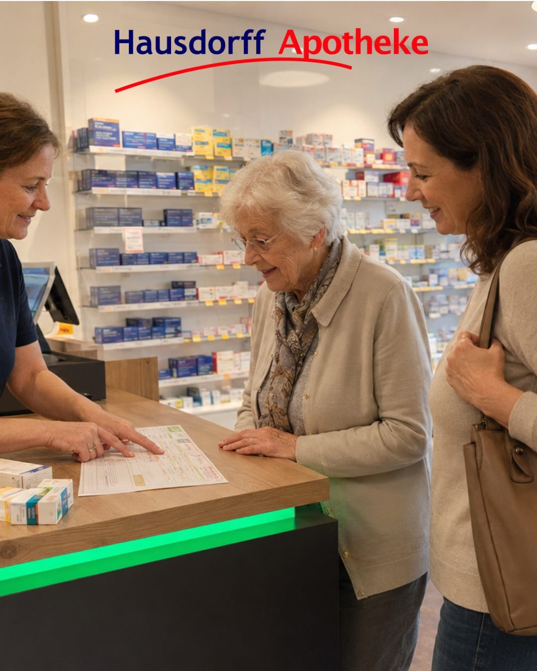 Beratung einer älteren Kundin mit Begleitung am Beratungstisch der Hausdorff Apotheke