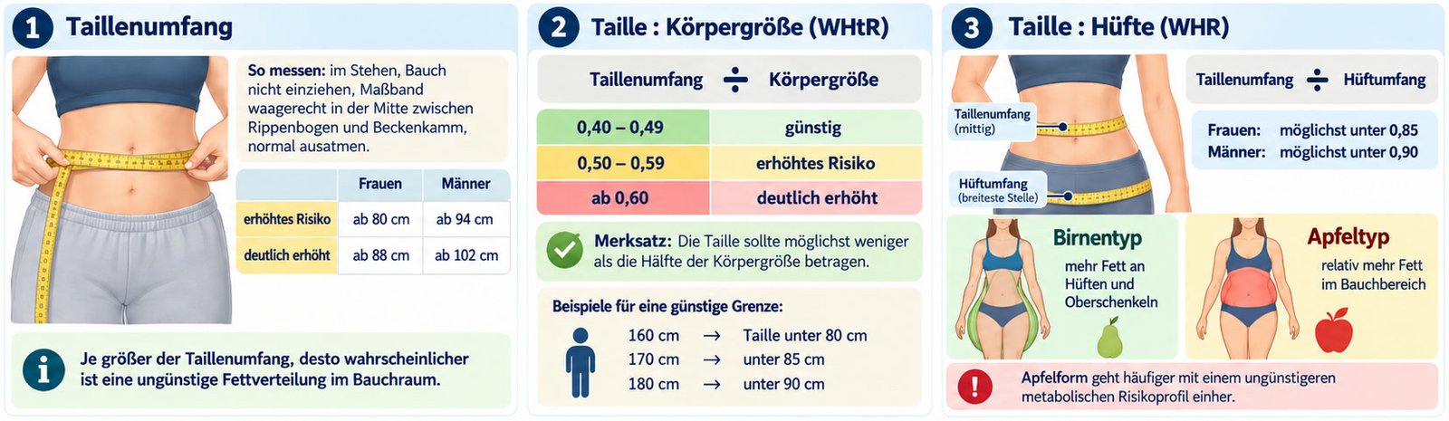 Infografik mit drei Maßband-Werten: 1. Taillenumfang mit Orientierungswerten für Frauen und Männer, 2. Taille zu Körpergröße mit den Bereichen günstig, erhöhtes Risiko und deutlich erhöht, 3. Taille zu Hüfte mit Birnentyp und Apfeltyp