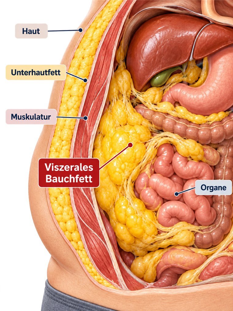 Querschnitt durch den Bauch: Haut, Unterhautfett, Muskulatur, das viszerale Bauchfett rund um die Organe sowie die Organe