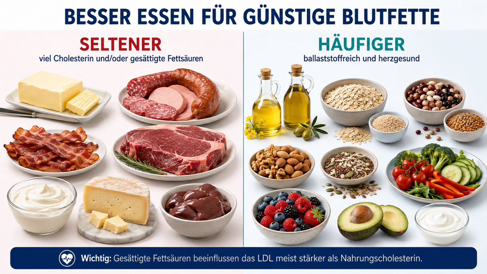 Vergleich cholesterinfreundlicher Ernährung – seltener: Butter, Wurst, Speck, rotes Fleisch, Sahne, Käse und Innereien; häufiger: Pflanzenöle, Haferflocken, Hülsenfrüchte, Nüsse, Saaten, Beeren, Gemüse, Avocado und Joghurt