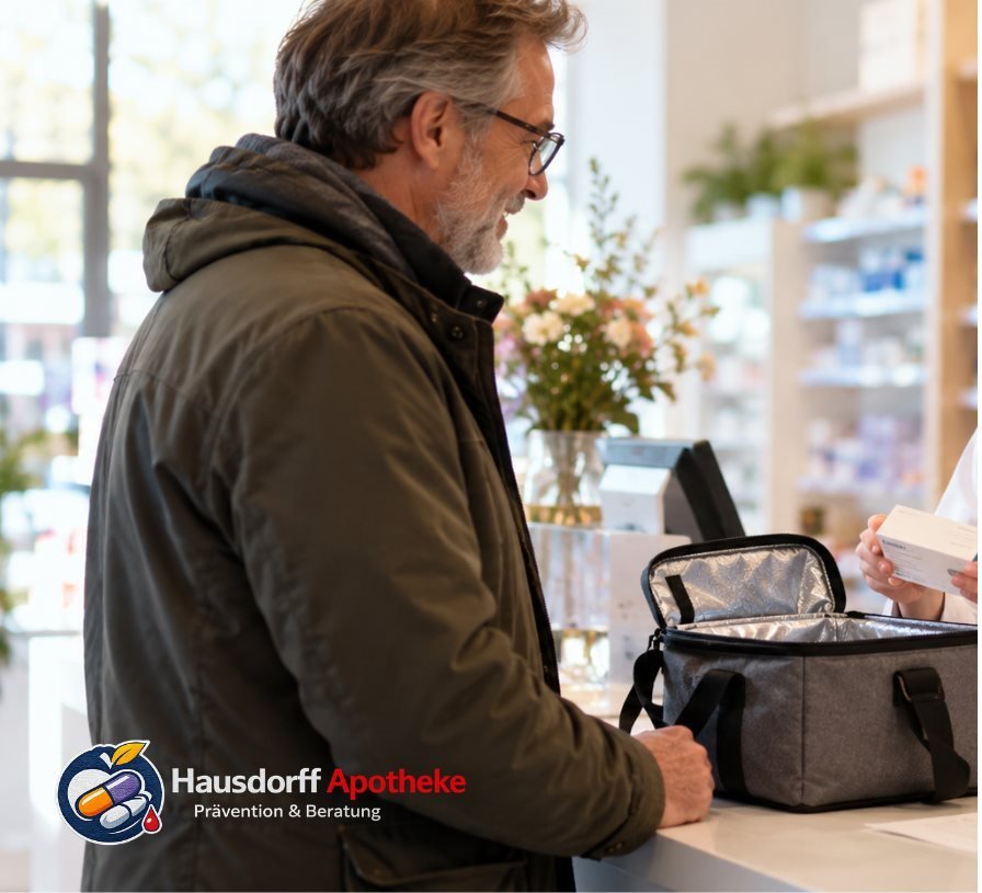 Kunde holt an der Kasse der Hausdorff Apotheke einen Impfstoff ab und bringt dafür eine graue Kühltasche mit