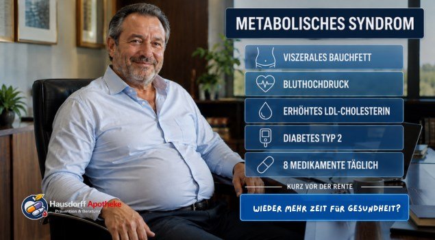 Metabolisches Syndrom: viszerales Bauchfett, Bluthochdruck, erhöhtes LDL-Cholesterin, Diabetes Typ 2 und mehrere Medikamente täglich – die Risikofaktoren summieren sich