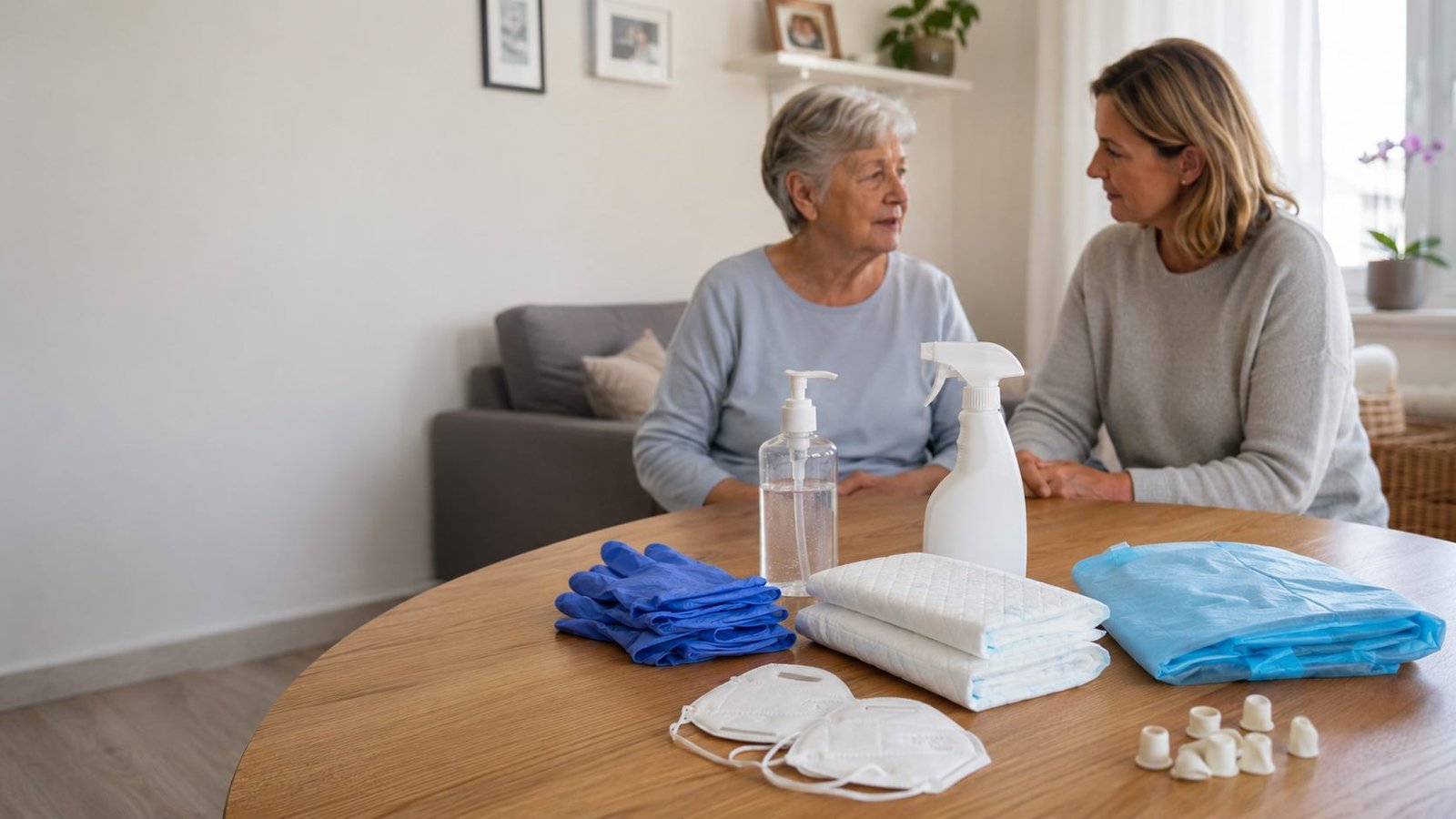 Beratung zu Hause mit den Pflegehilfsmitteln der Pflegebox: Einmalhandschuhe, Desinfektionsmittel, Bettschutzeinlagen, FFP2-Masken, Schutzschürzen und Fingerlinge