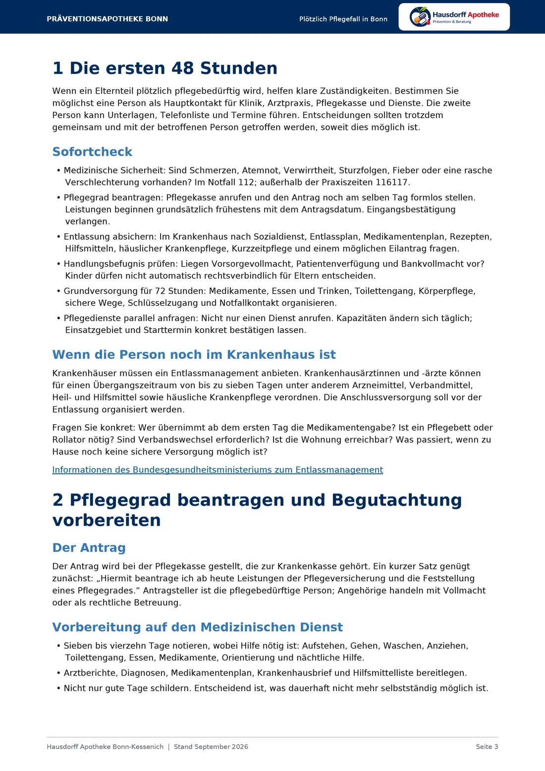 Seite 3: Die ersten 48 Stunden; Pflegegrad beantragen und Begutachtung vorbereiten