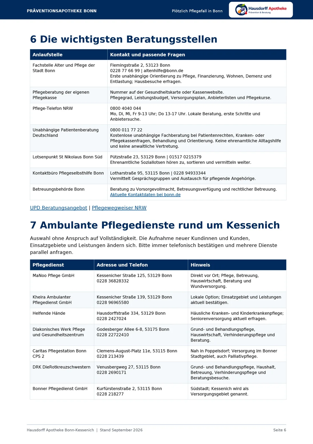 Seite 6: Die wichtigsten Beratungsstellen; Ambulante Pflegedienste rund um Kessenich