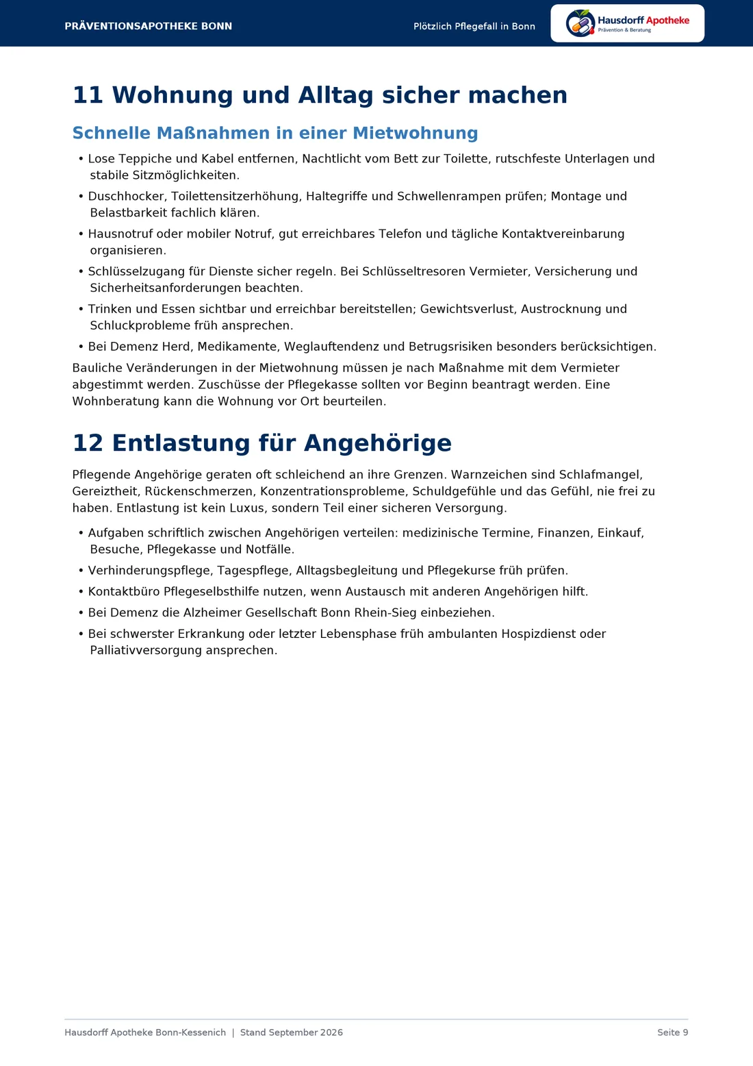 Seite 9: Wohnung und Alltag sicher machen; Entlastung für Angehörige