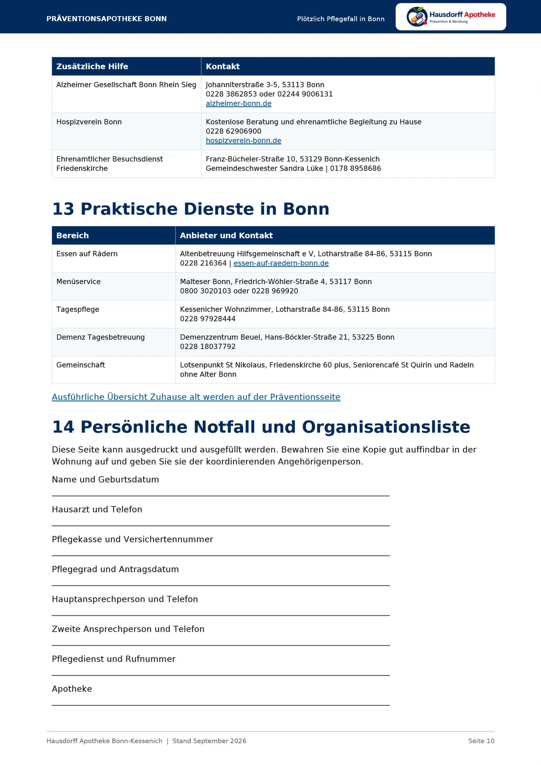 Seite 10: Praktische Dienste in Bonn; Persönliche Notfall- und Organisationsliste
