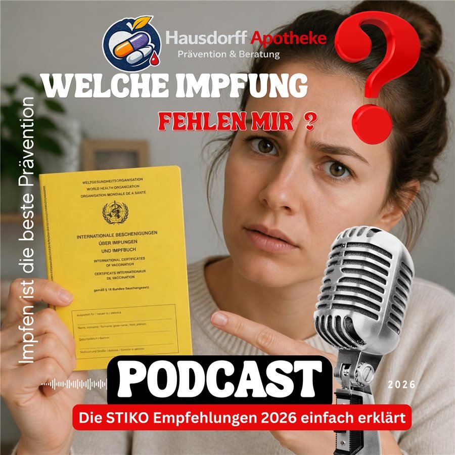 Podcast-Cover „Welche Impfung fehlt mir?“ der Hausdorff Apotheke – die STIKO-Empfehlungen 2026 einfach erklärt