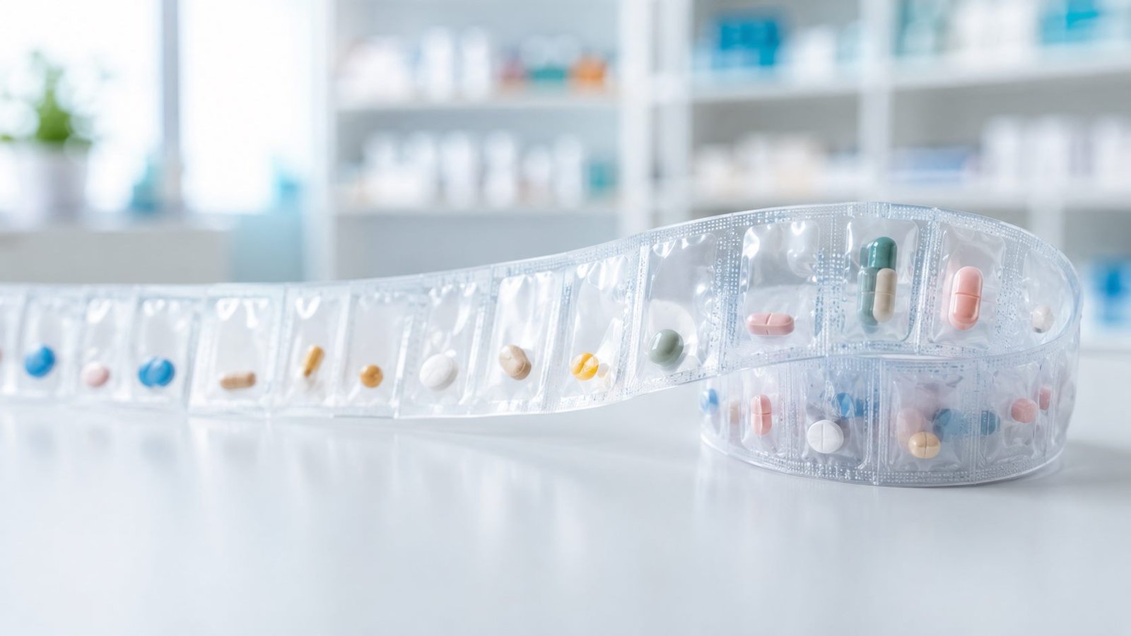 Blisterschlauch: einzeln verpackte Tabletten, der Reihe nach in einer durchgehenden Verpackungsrolle