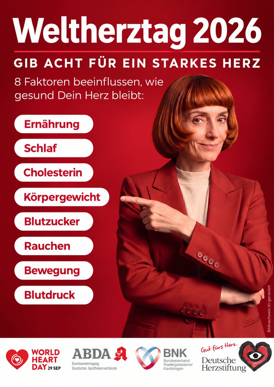 Plakat zum Weltherztag 2026: „Gib acht für ein starkes Herz“ – acht Faktoren beeinflussen, wie gesund das Herz bleibt: Ernährung, Schlaf, Cholesterin, Körpergewicht, Blutzucker, Rauchen, Bewegung und Blutdruck