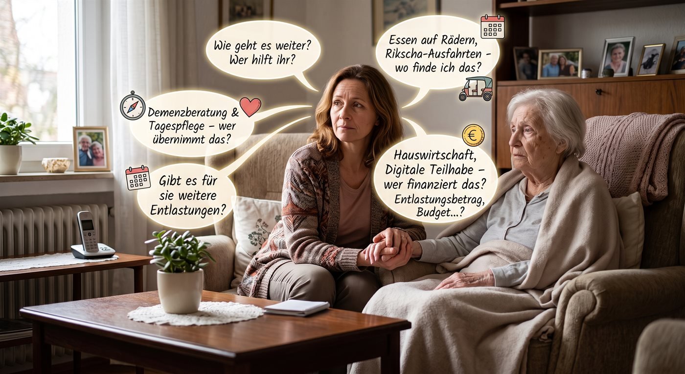Angehörige sitzt bei ihrer Mutter und fragt sich: Wer hilft bei Beratung, Pflege, Essen auf Rädern und Finanzierung?